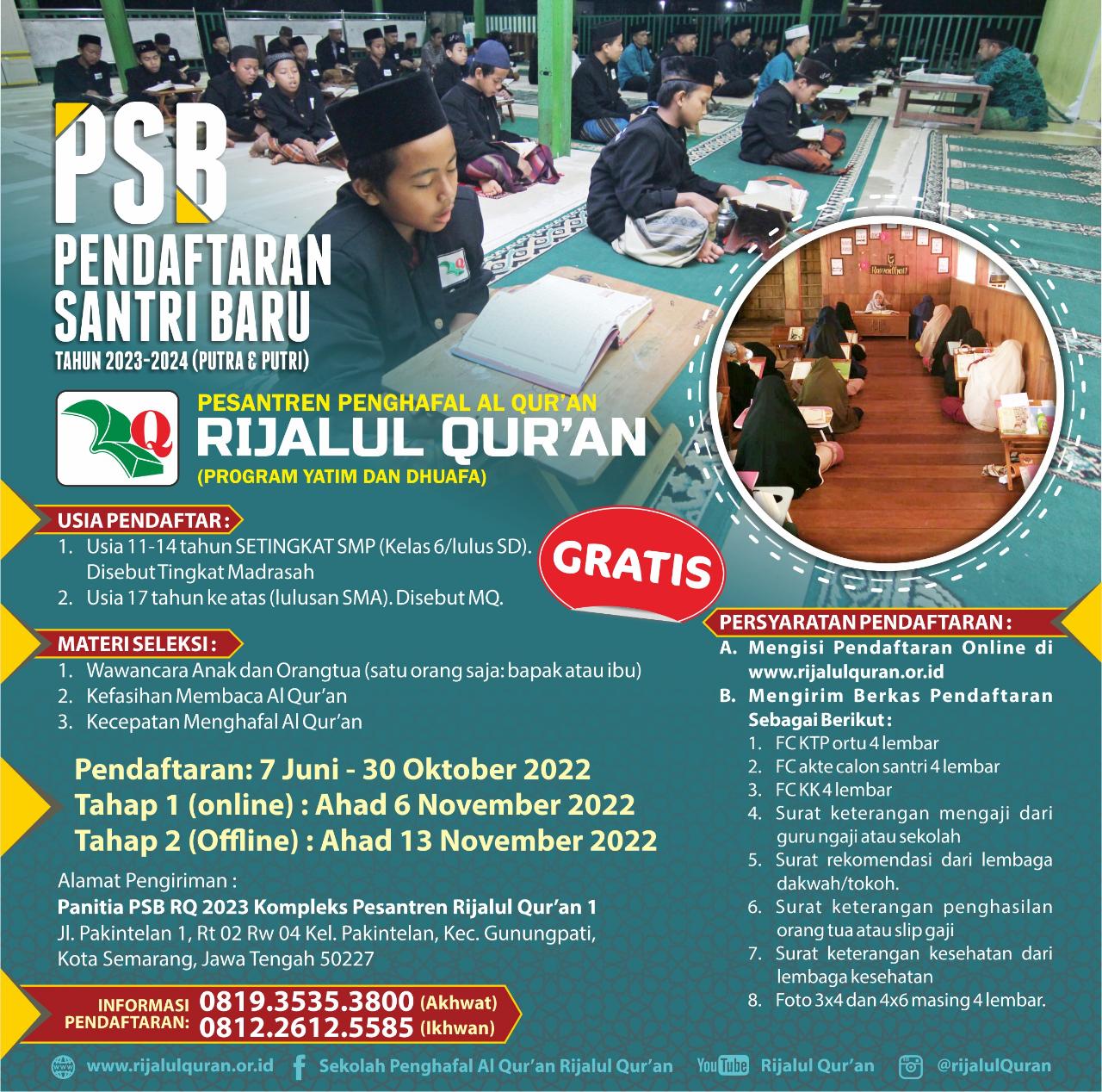 PENDAFTARAN SANTRI BARU PONDOK PESANTREN PENGHAFAL AL-QUR’AN RIJALUL QUR’AN TAHUN 2023/2024