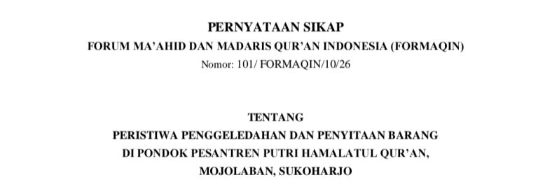 Pernyataan Sikap FORMAQIN tentang Peristiwa di Pondok Pesantren Putri Hamalatul Qur’an, Sukoharjo